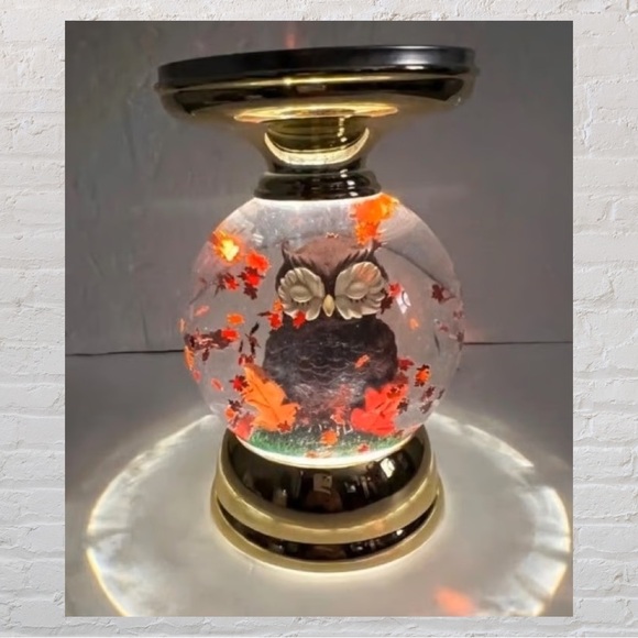BBW Owl Globe Candle Stand Holder Snow-globe Fall Leaves Gold Lights Up Night - Picture 2 of 5